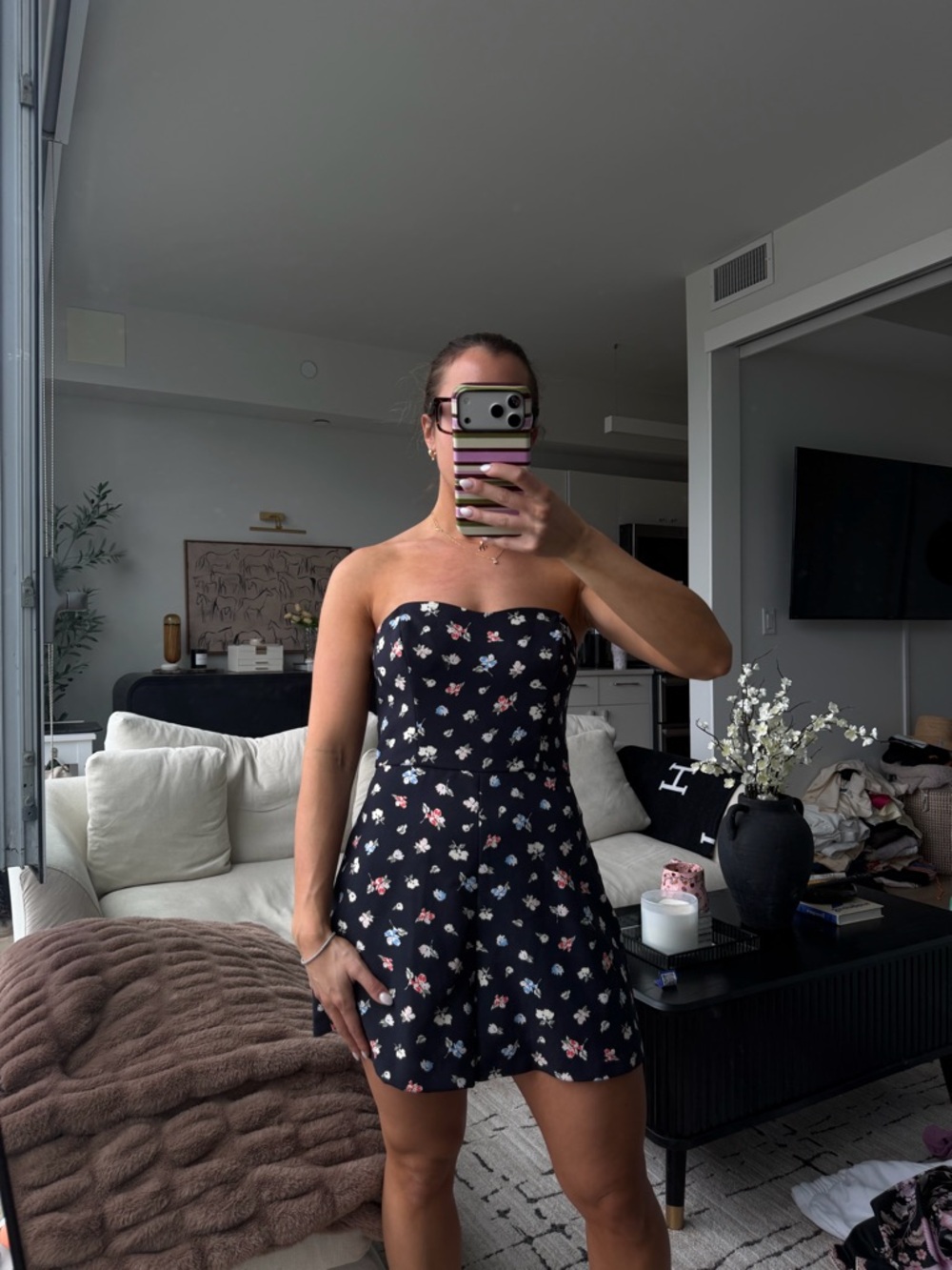 French Connection Black Strapless Floral Romper